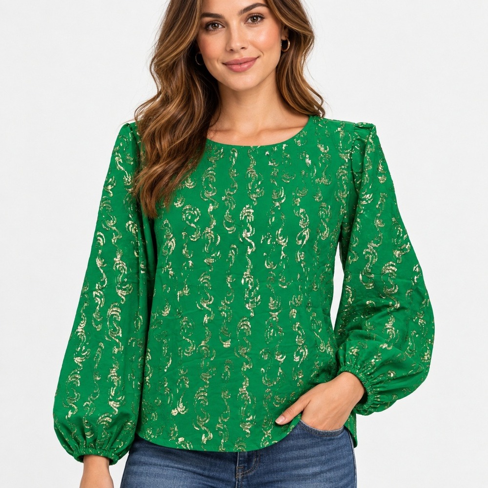Lilly Pulitzer Green Gold Metallic Silk Blend Long Sleeve Blouse Top Large